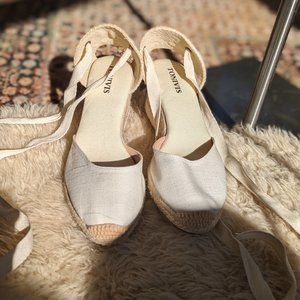 off-white linen wedge heel espadrilles, size 7.5